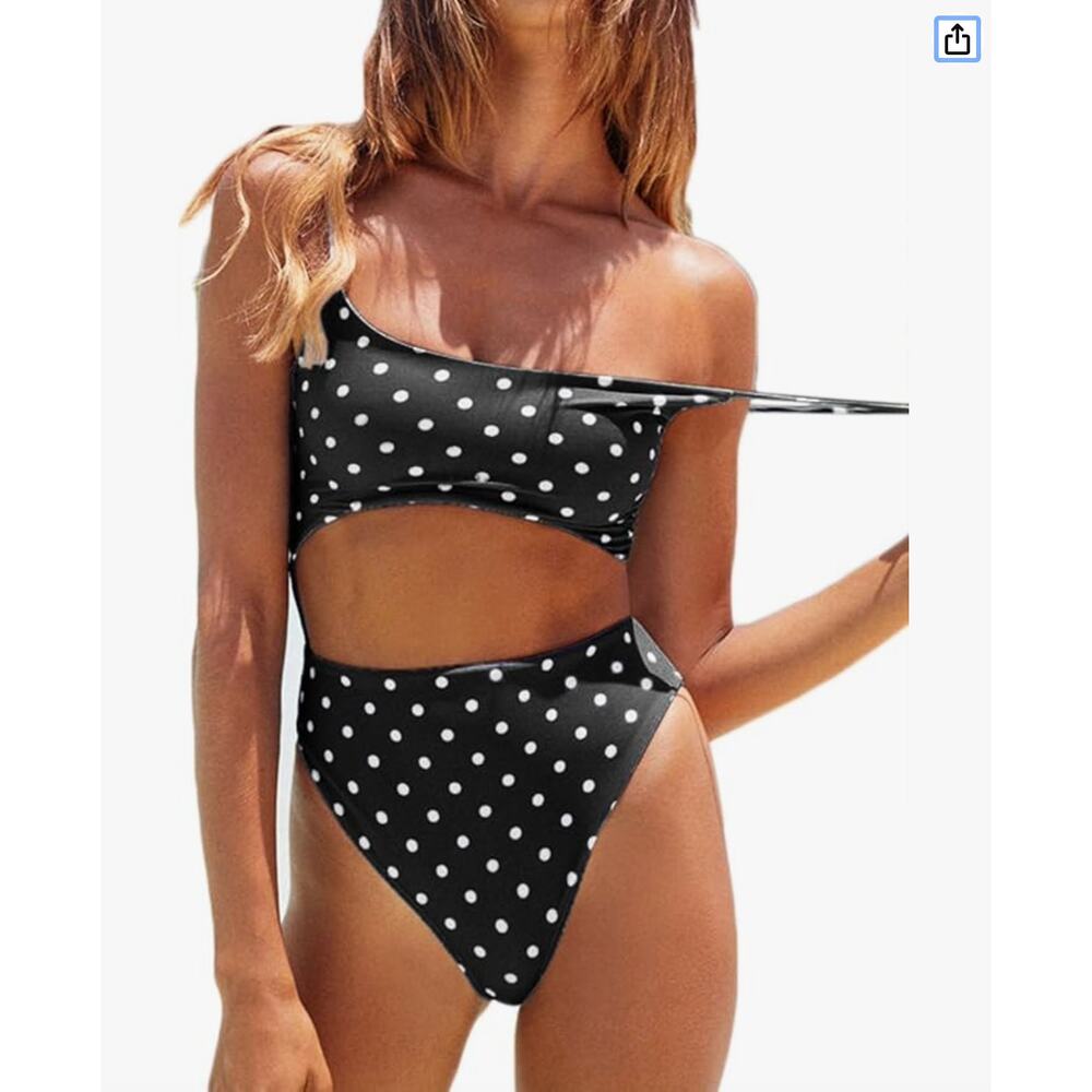 Meyeeka Black White Polka Dot Monokini One Piece Swimsuit Lace Up Back SZ Medium